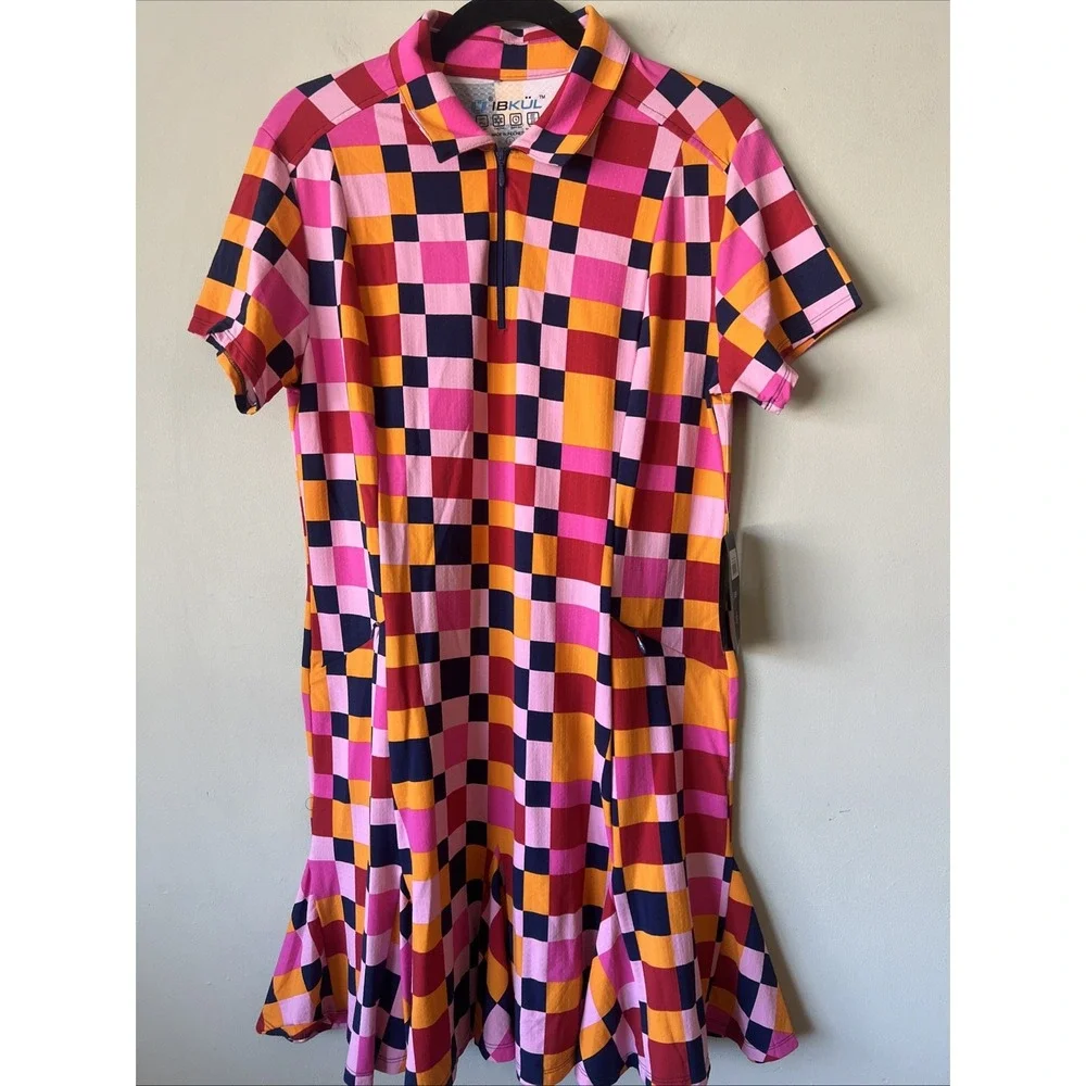 IBKUL Annalise Godet Flounce Hem Zip Neck Dress Pink/Orange Check Size Large SPF